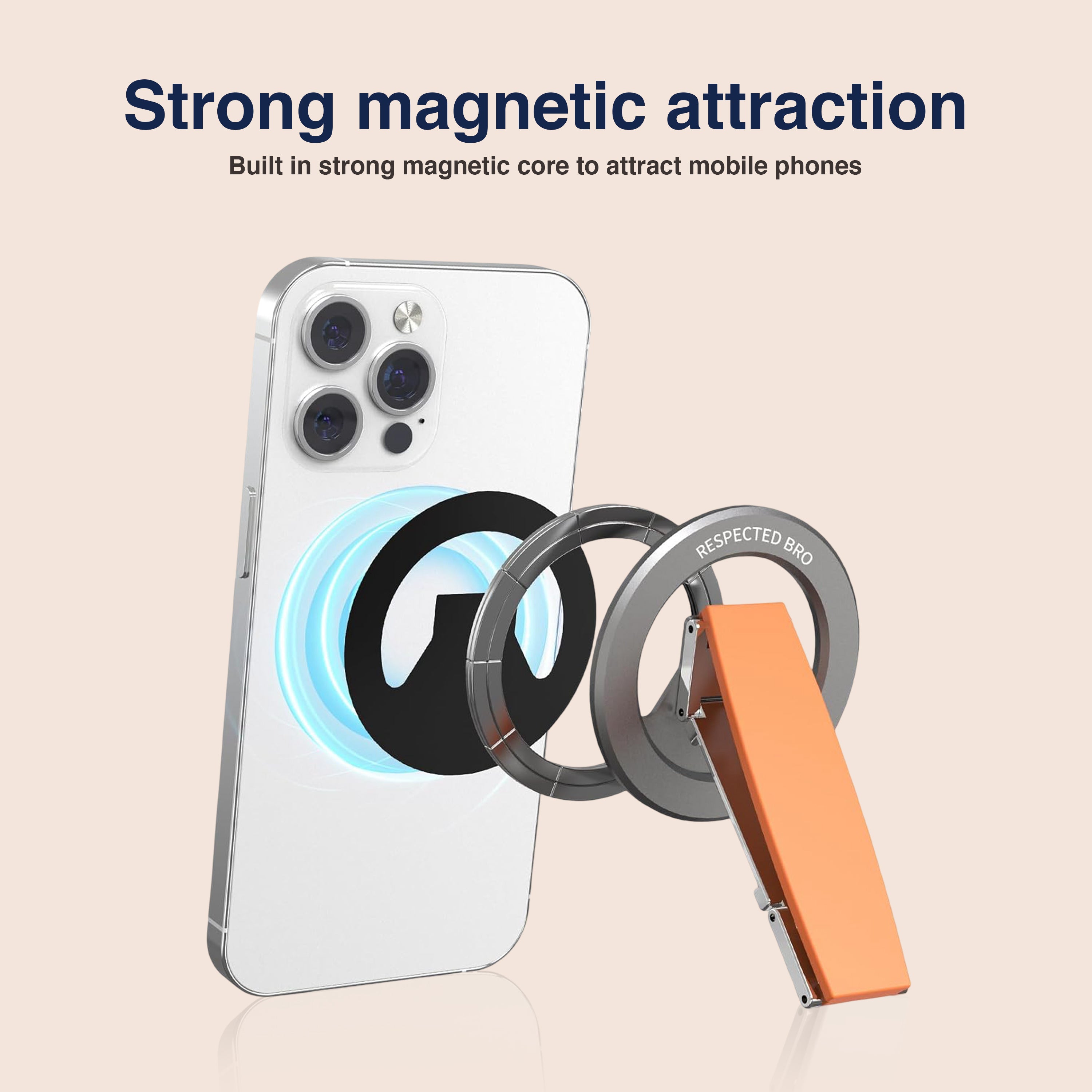 Support magnétique pour téléphone, anneau de maintien magnétique avec dragonne en silicone, compatible avec iPhone 17/16/15/14/13/12, Android et autres (Orange) 