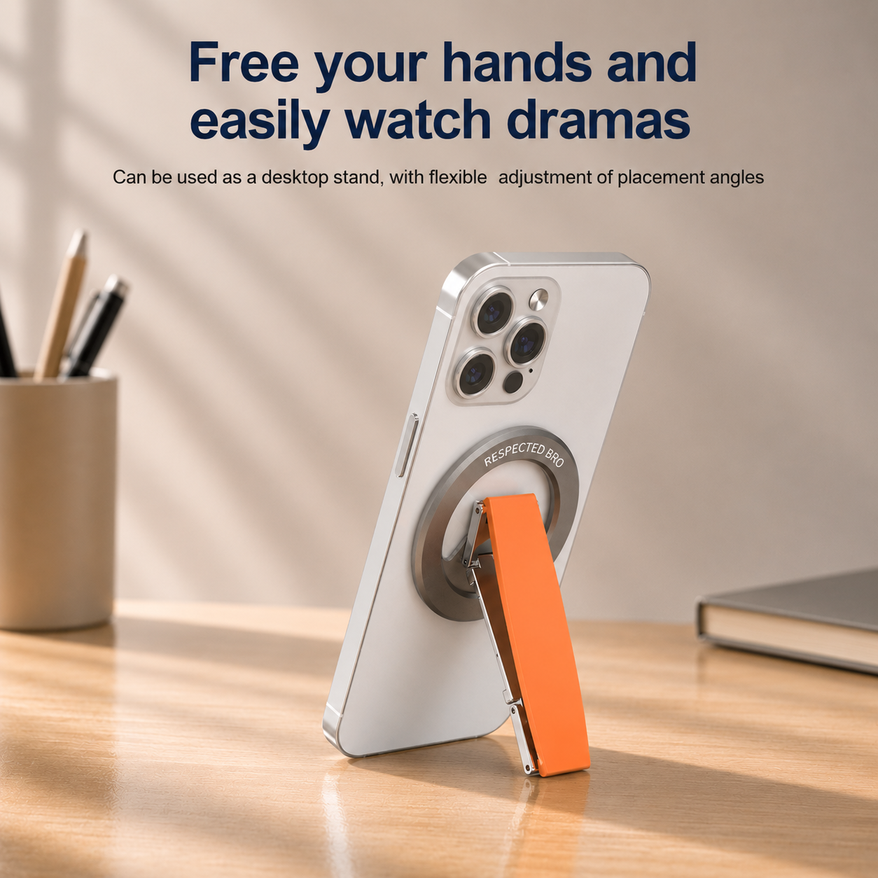 Support magnétique pour téléphone, anneau de maintien magnétique avec dragonne en silicone, compatible avec iPhone 17/16/15/14/13/12, Android et autres (Orange) 