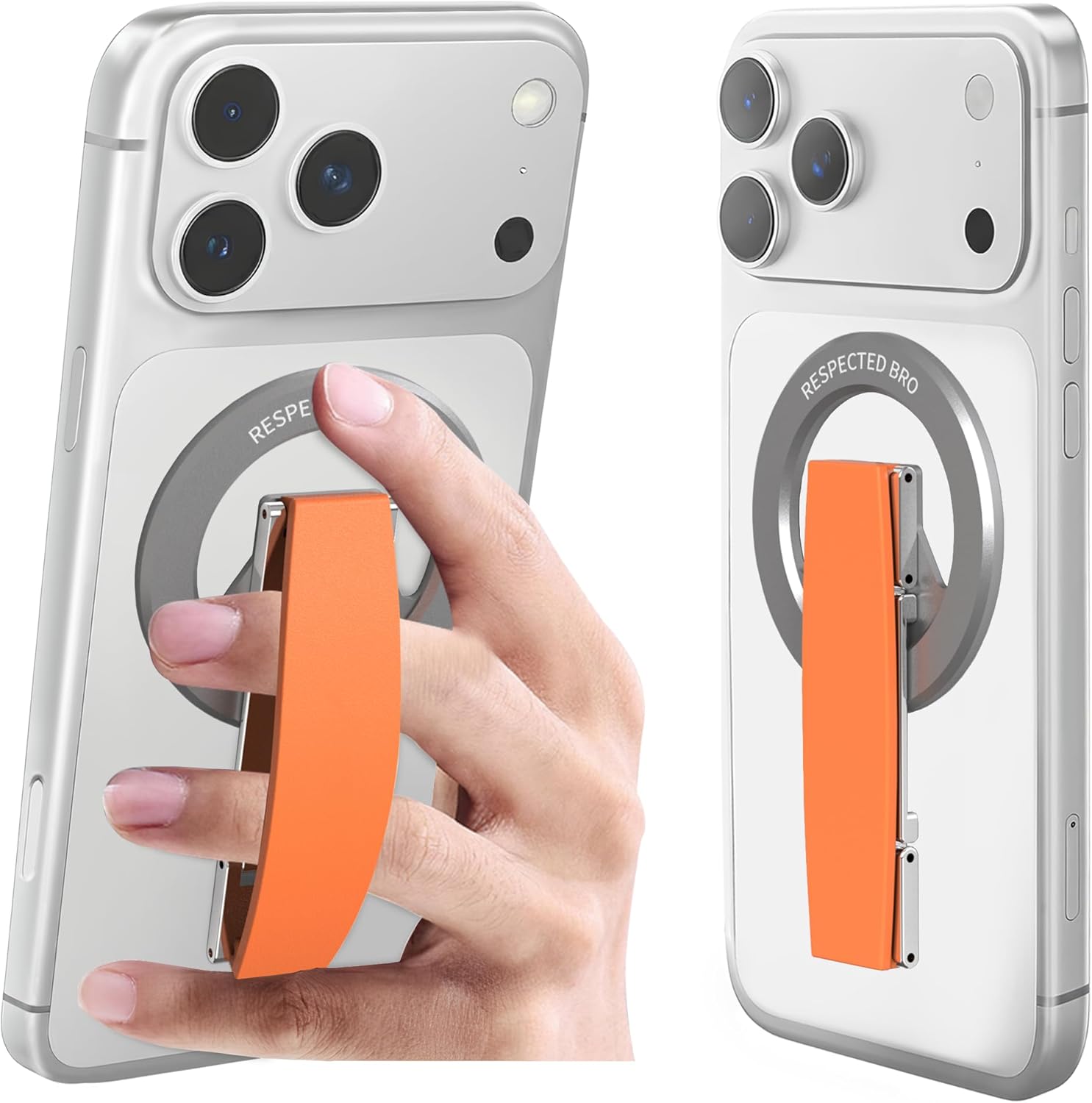 Smartphone with a magnetic phone holder attachment being used, on a white background.