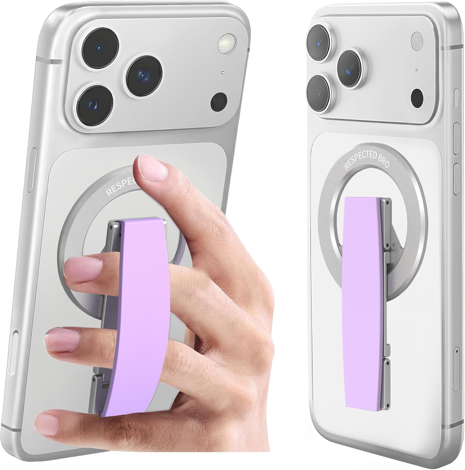 Smartphone with a ring holder attached, showing a hand using it.