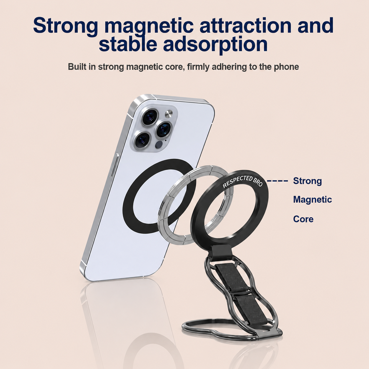 Support magnétique pour téléphone avec dragonne, anneau magnétique 4 en 1, béquille et dragonne élastique, compatible avec iPhone 17/16/15/14/13/12, Android et coques (noir) 