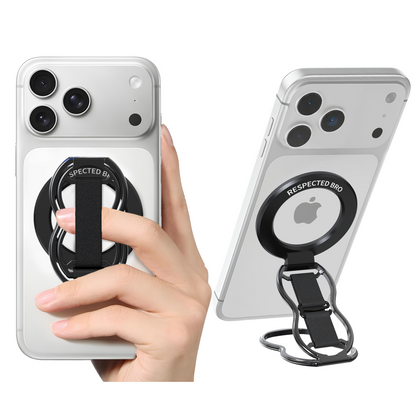 Phone case with stand and retractable strap held by a hand, with 'RESPECTED BRO' branding.