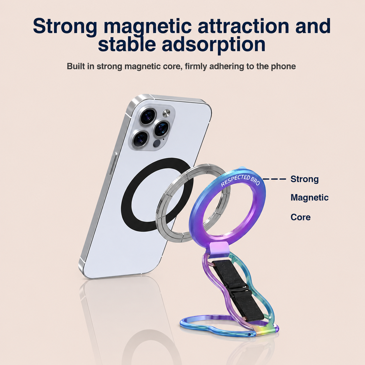 Support magnétique pour téléphone avec dragonne, anneau magnétique 4 en 1, béquille et dragonne élastique, compatible avec iPhone 17/16/15/14/13/12, Android et coques (multicolore) 
