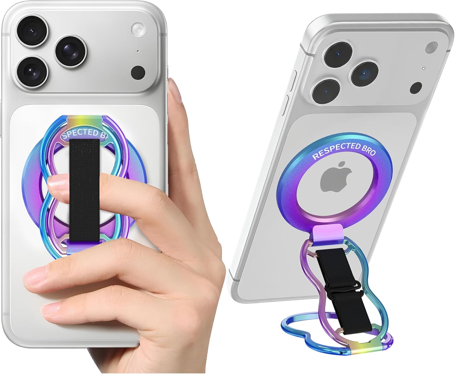 Smartphone with a colorful ring stand and lanyard, held by a hand.