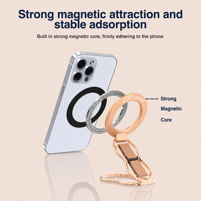 Support magnétique pour téléphone avec dragonne, anneau magnétique 4 en 1, béquille et dragonne élastique, compatible avec iPhone 17/16/15/14/13/12, Android et coques (Or rose) 