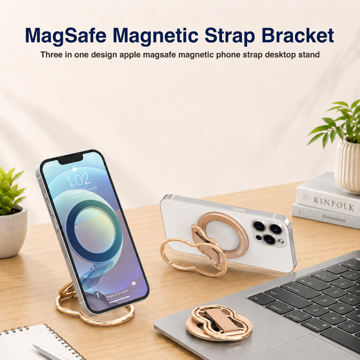 Support magnétique pour téléphone avec dragonne, anneau magnétique 4 en 1, béquille et dragonne élastique, compatible avec iPhone 17/16/15/14/13/12, Android et coques (Or rose) 