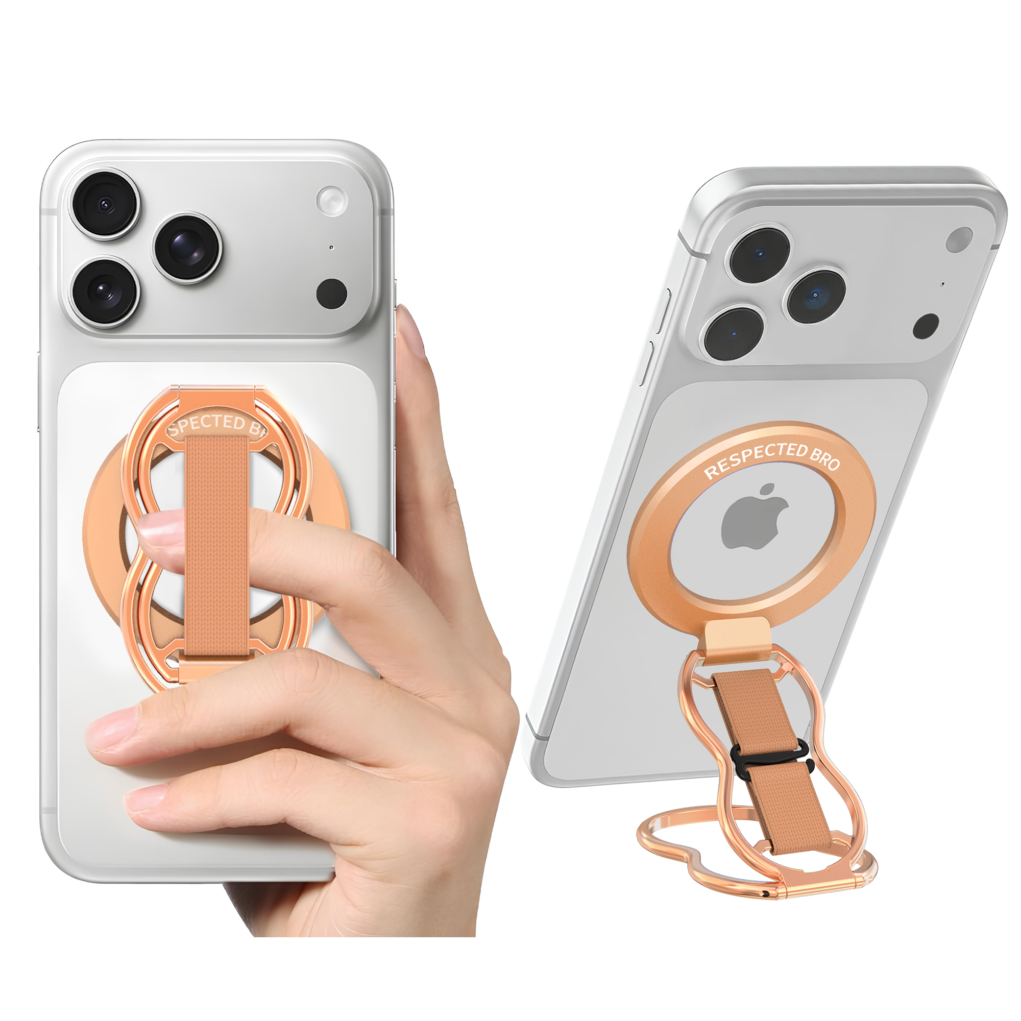 Support magnétique pour téléphone avec dragonne, anneau magnétique 4 en 1, béquille et dragonne élastique, compatible avec iPhone 17/16/15/14/13/12, Android et coques (Or rose) 