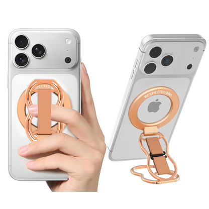 Support magnétique pour téléphone avec dragonne, anneau magnétique 4 en 1, béquille et dragonne élastique, compatible avec iPhone 17/16/15/14/13/12, Android et coques (Or rose) 
