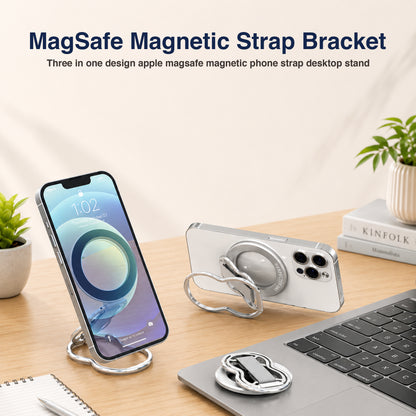 Support magnétique pour téléphone RESPECTED-BRO avec dragonne, support magnétique 4 en 1, béquille et dragonne élastique, compatible avec iPhone 17/16/15/14/13/12, Android et coques (Argent) 