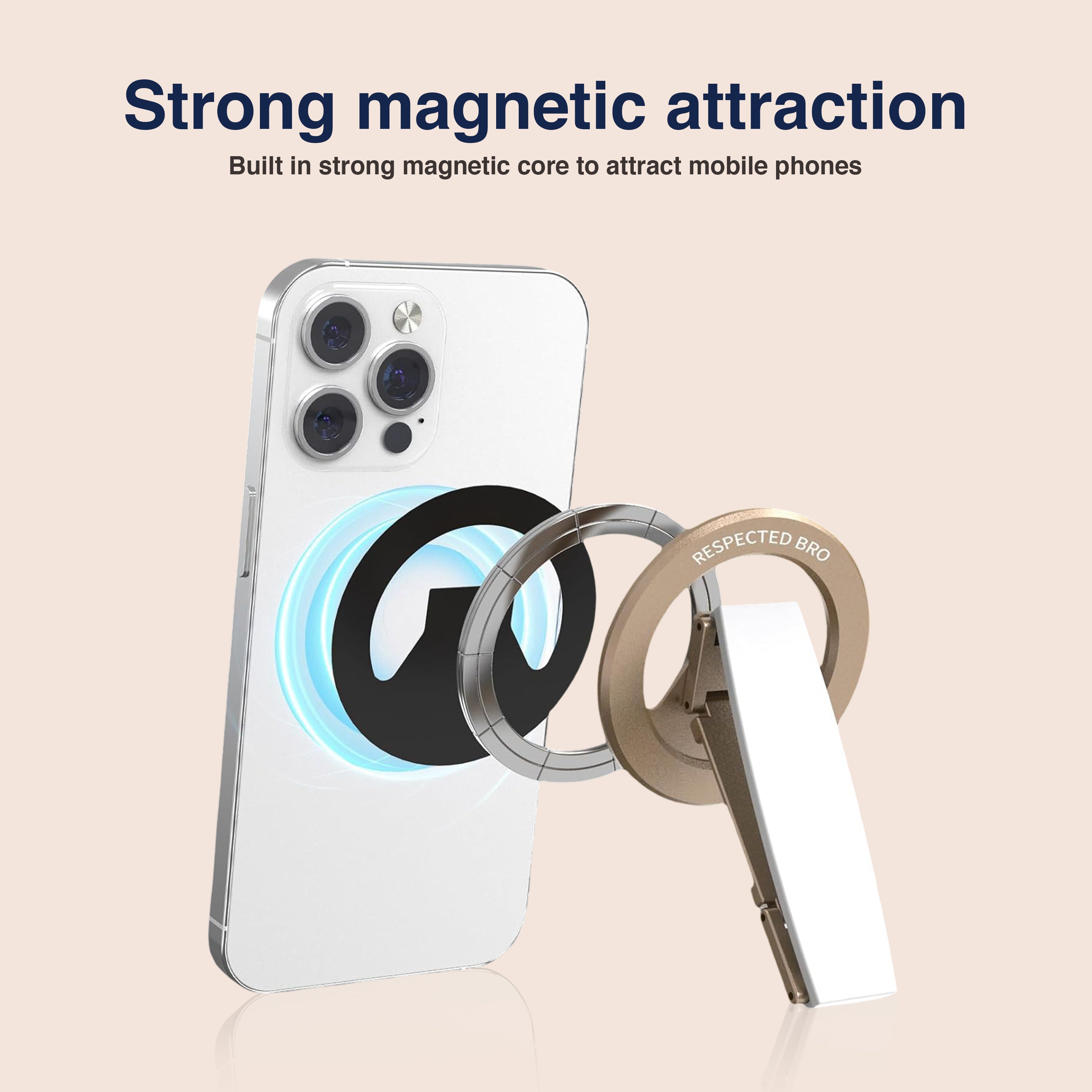 Support magnétique pour téléphone, anneau de maintien magnétique avec dragonne en silicone, compatible avec iPhone 17/16/15/14/13/12, Android et autres (blanc) 