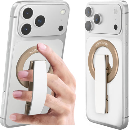 Smartphone with a ring holder attachment, showing a hand using it.