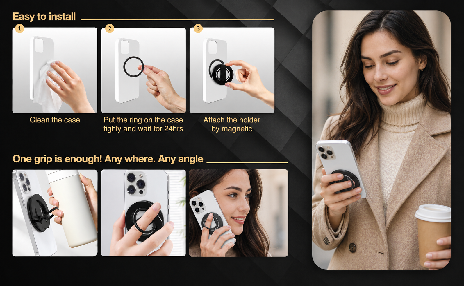 Respectbro™ DualRing Grip Magnetic Phone Holder & 360° Stand (Black)