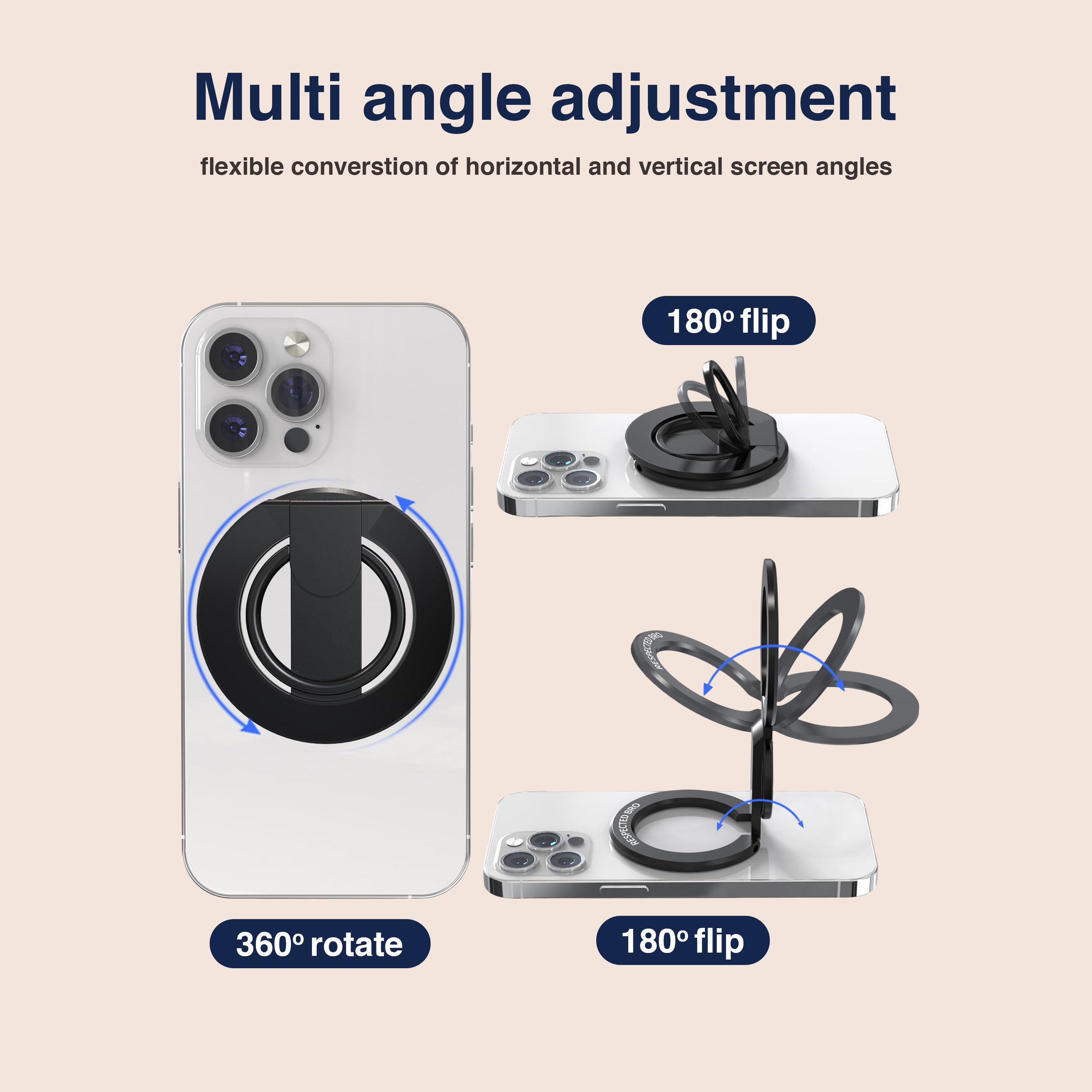 Respectbro™ DualRing Grip Magnetic Phone Holder & 360° Stand (Black)