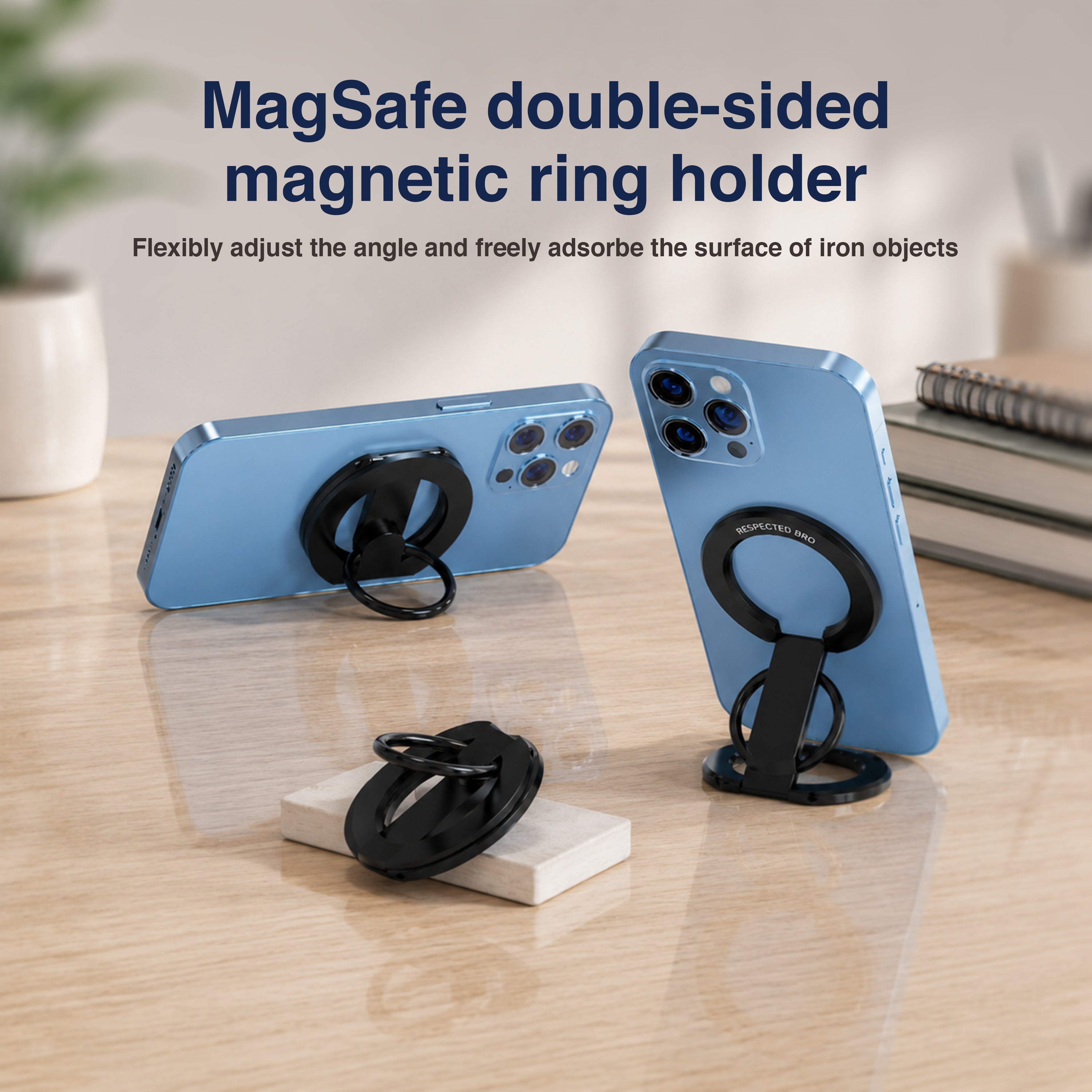 Support magnétique pour téléphone RESPECTED BRO avec double anneau, compatible avec iPhone 17/16/15/14/13/12, support multifonctionnel pour bureau, salle de sport, cuisine et toutes surfaces métalliques, poignée avec boucle pour les doigts (noir) 