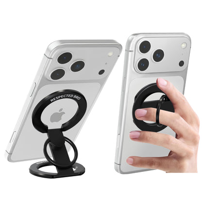 Phone case with ring holder attached to an iPhone, showing brand 'Respected Bro'.
