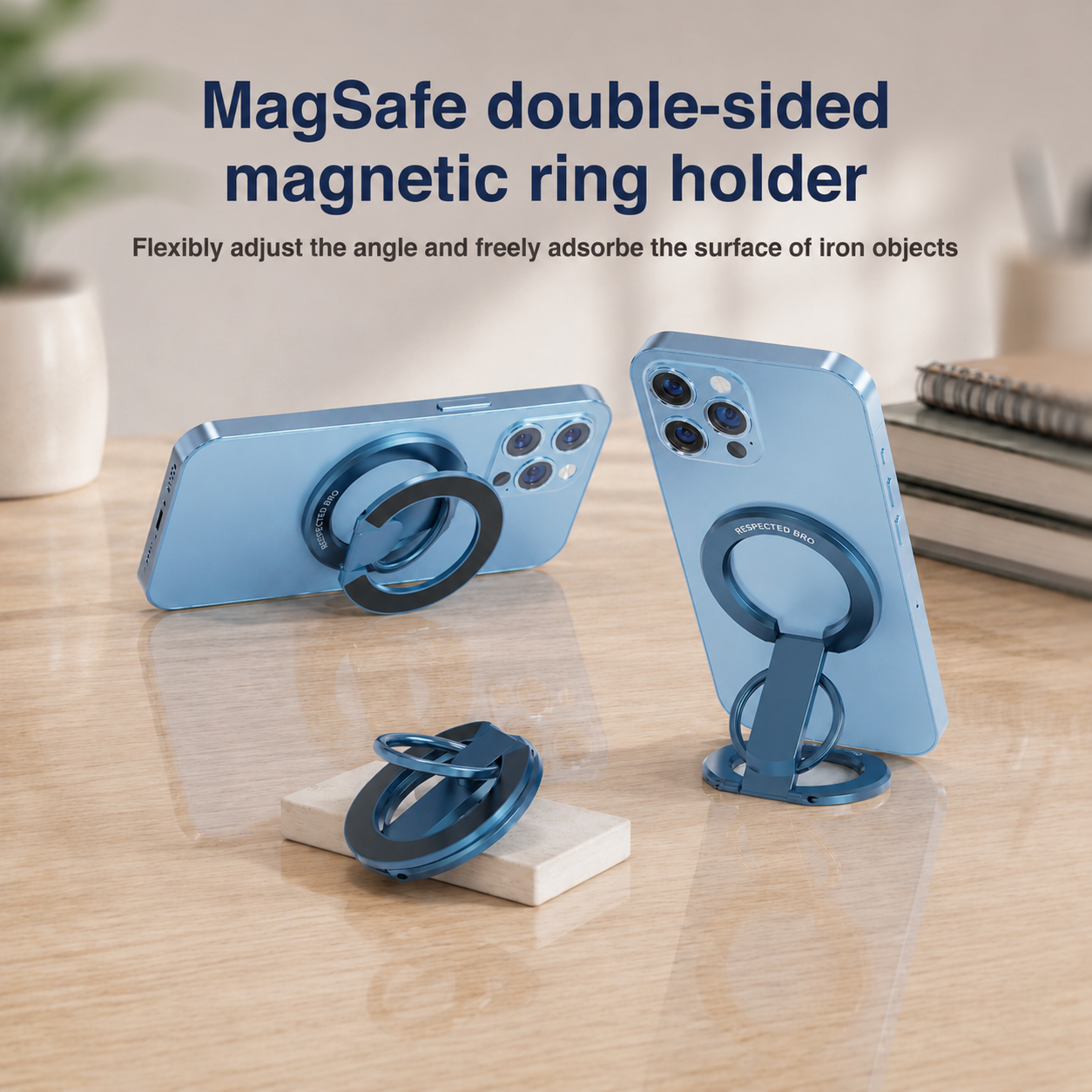Respectbro™ Magnetic-Phone-Ring-Holder with Dual Rings (Dark Blue)