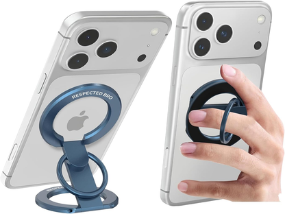 Phone case with a ring holder attached, showing an Apple logo.