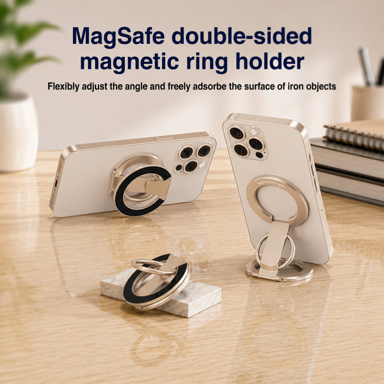 Respectbro™ DualRing MagStand Magnetic Phone Ring Holder & 360° Finger Grip Stand (Desert Gold)
