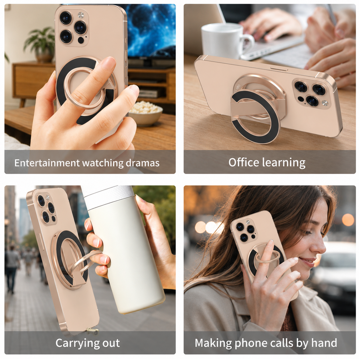 Support magnétique pour téléphone avec double anneau, compatible avec iPhone 17/16/15/14/13/12, support multifonctionnel pour le bureau, la salle de sport, la cuisine et toutes les surfaces métalliques, poignée avec anneau de maintien (Or du désert) 