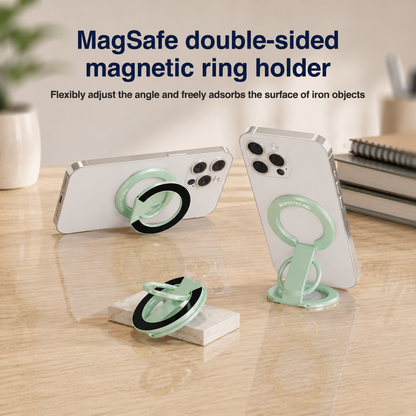 Support magnétique pour téléphone avec double anneau, compatible avec iPhone 17/16/15/14/13/12, support multifonctionnel pour le bureau, la salle de sport, la cuisine et toutes les surfaces métalliques, poignée avec anneau de maintien (vert clair) 