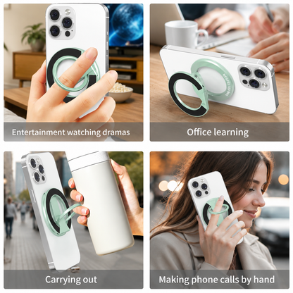 Support magnétique pour téléphone avec double anneau, compatible avec iPhone 17/16/15/14/13/12, support multifonctionnel pour le bureau, la salle de sport, la cuisine et toutes les surfaces métalliques, poignée avec anneau de maintien (vert clair) 
