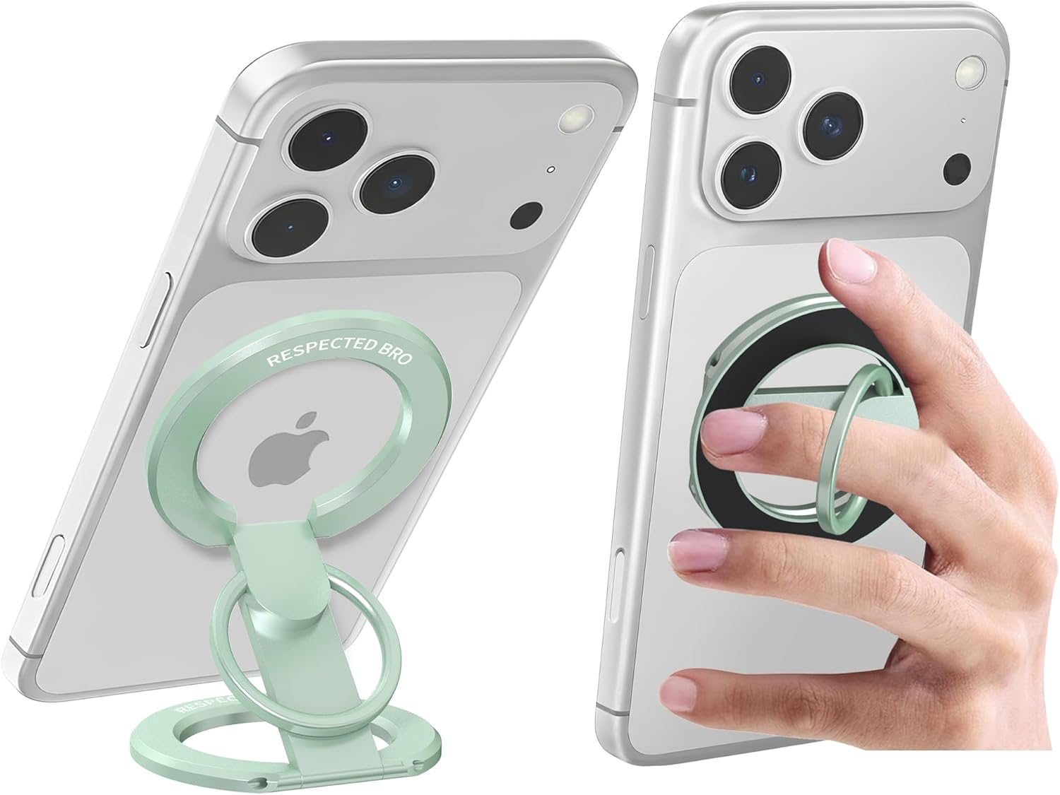 Smartphone with a green phone ring holder attached, held by a hand.