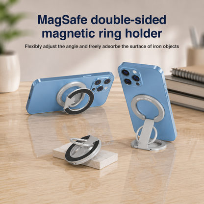 Support magnétique pour téléphone avec double anneau, compatible avec iPhone 17/16/15/14/13/12, support multifonctionnel pour bureau, salle de sport, cuisine et toutes surfaces métalliques, poignée avec anneau de maintien (argenté) 