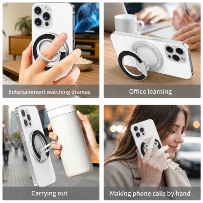 Support magnétique pour téléphone avec double anneau, compatible avec iPhone 17/16/15/14/13/12, support multifonctionnel pour bureau, salle de sport, cuisine et toutes surfaces métalliques, poignée avec anneau de maintien (argenté) 
